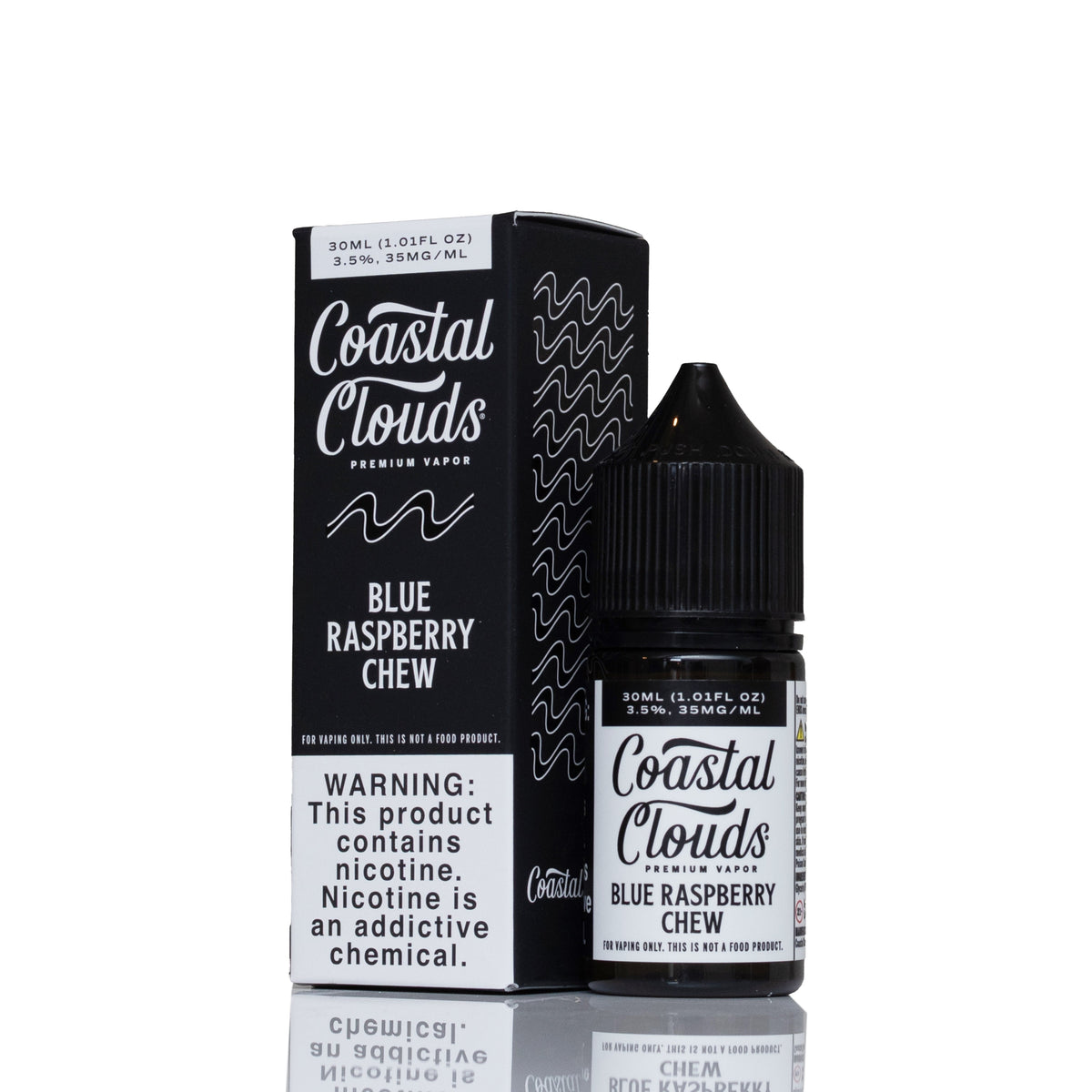 A bottle of Coastal Clouds Blue Razz Chew e-liquid next to its black packaging box, displayed on a reflective white surface.