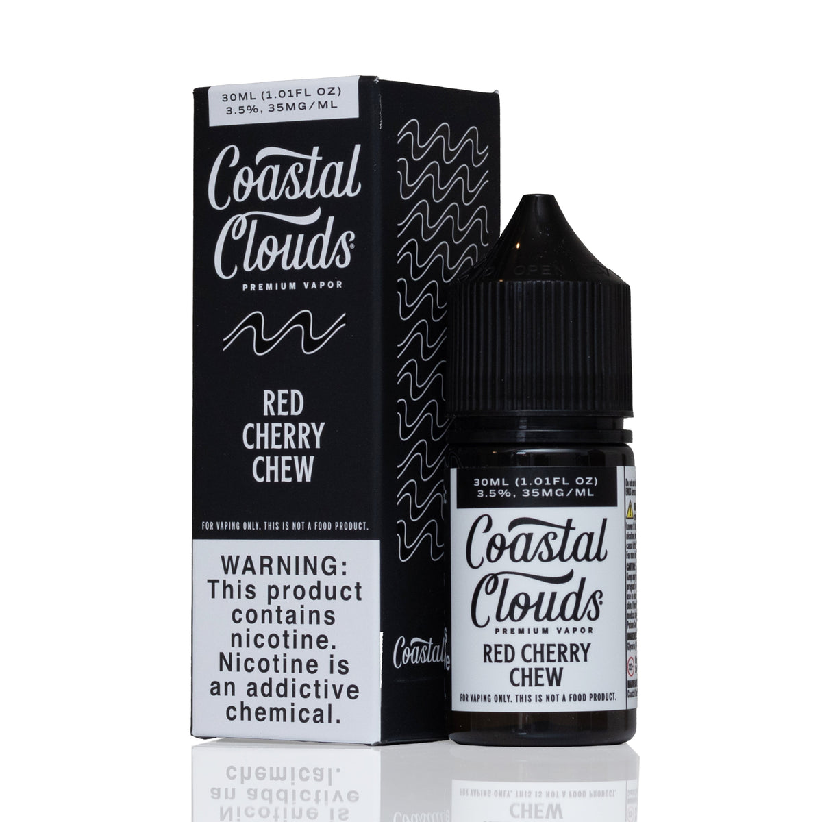 A bottle of Coastal Clouds Red Cherry Chew premium vapor liquid next to its black packaging box, displayed on a clean white background with a subtle reflection.