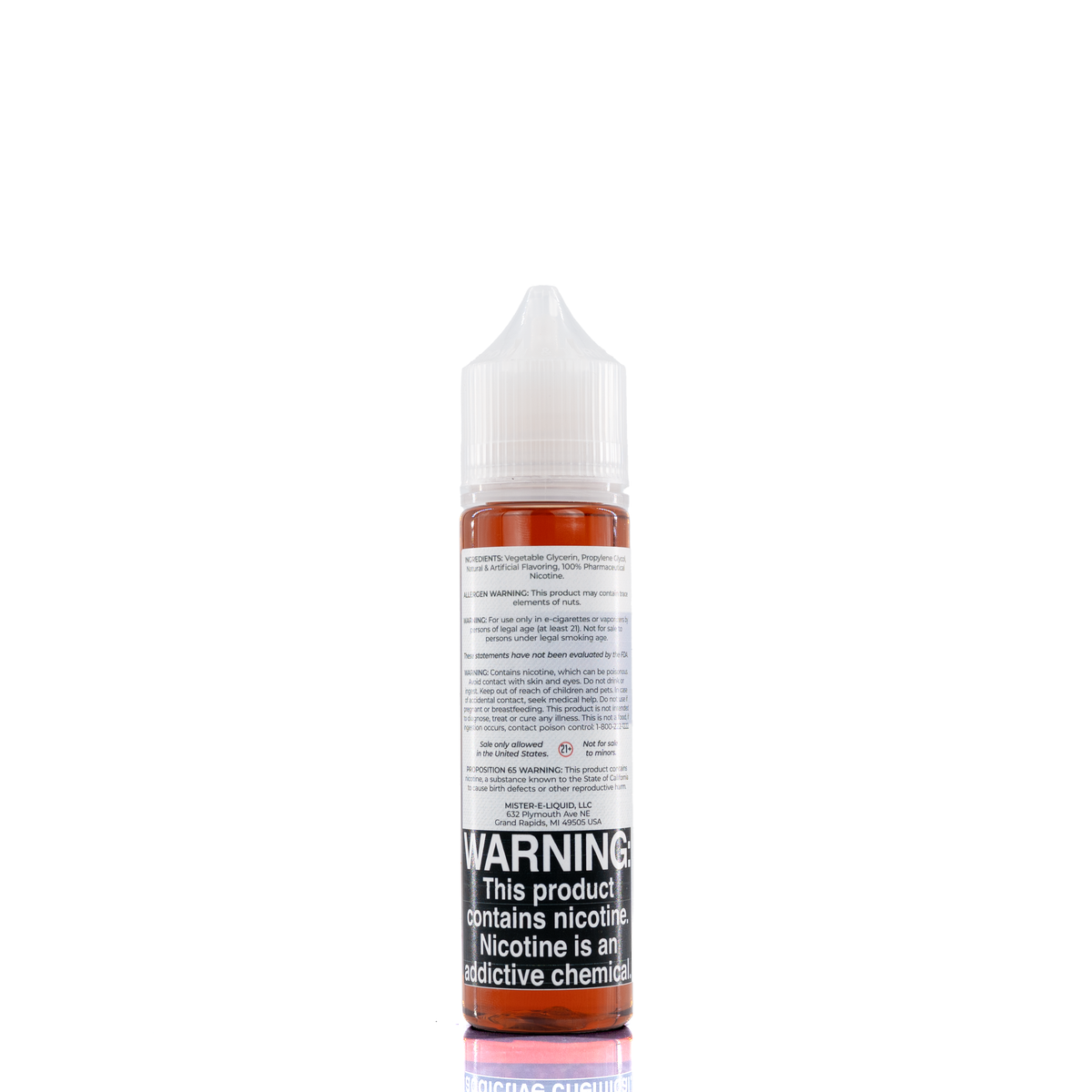 A mister e-liquid bottle is placed on a reflective surface and against a white background. The bottle outlines the ingredients and the warning label.
