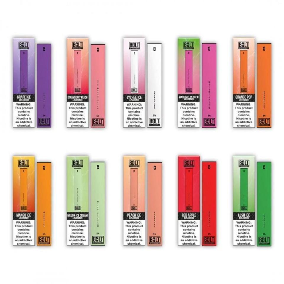 Bolt Disposable Pod Device - Pack of 10 Best Flavors Grape Ice Strawberry Punch Lychee Ice Watermelon Chew Orange Pop Mango Ice Melon Ice Cream Peach Ice Red Apple Lush Ice
