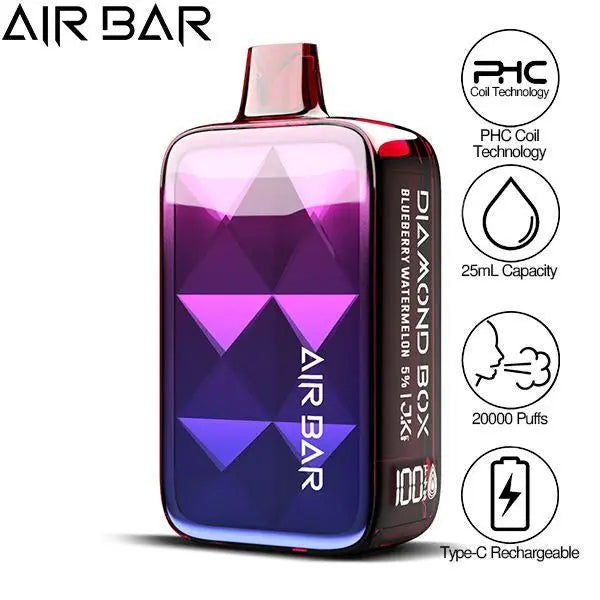 Best Deal Air Bar Diamond Box 20000 Puffs Rechargeable Vape 25mL  Blueberry Watermelon