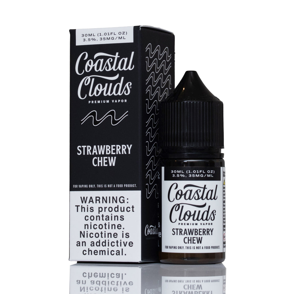 A bottle of Coastal Clouds Strawberry Chew e-liquid next to its black retail box, displayed on a reflective white surface.