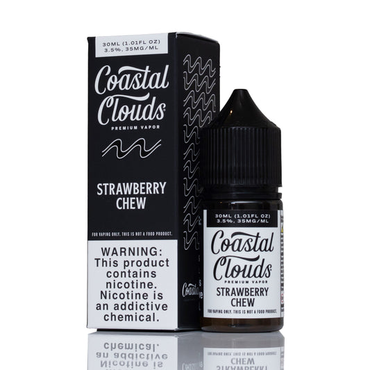 A bottle of Coastal Clouds Strawberry Chew e-liquid next to its black retail box, displayed on a reflective white surface.