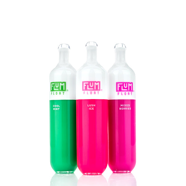 Three bottles of FLUM Float with different colored liquids on a white background and UT Flum Float 3000 Puffs Disposable Vape - 8mL