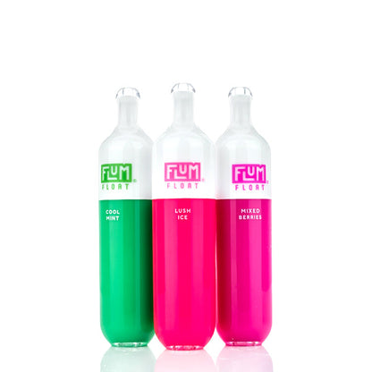 Three bottles of FLUM Float with different colored liquids on a white background and UT Flum Float 3000 Puffs Disposable Vape - 8mL
