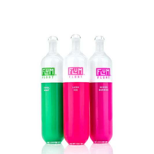 Three bottles of FLUM Float with different colored liquids on a white background and UT Flum Float 3000 Puffs Disposable Vape - 8mL