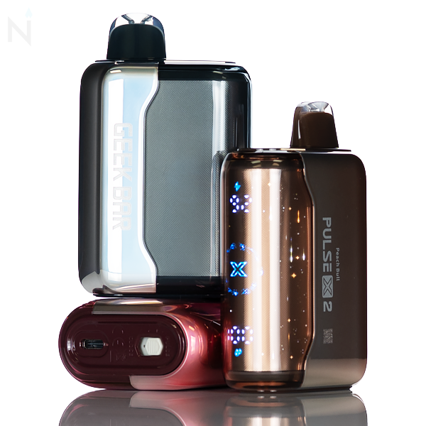 Collection of electronic devices including a water bottle, vape device, and red electronic device on a white background.