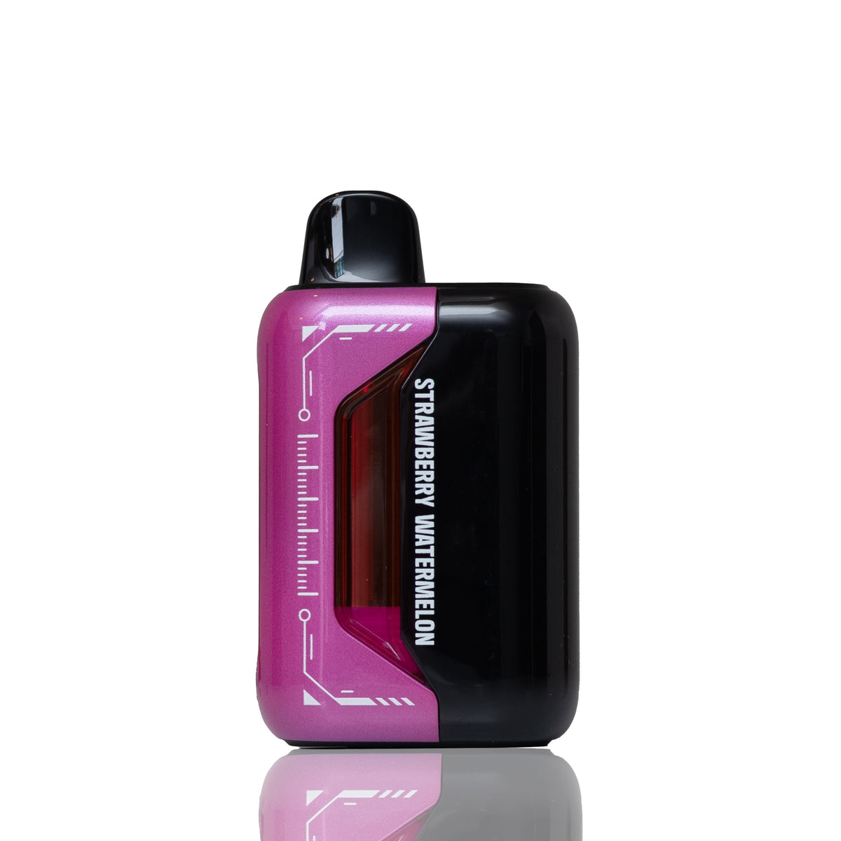 A Strawberry Watermelon flavor disposable vape device with a black and magenta pink body, featuring a clear window showing the red fruit flavor inside, set against a plain white background with a soft reflection below.