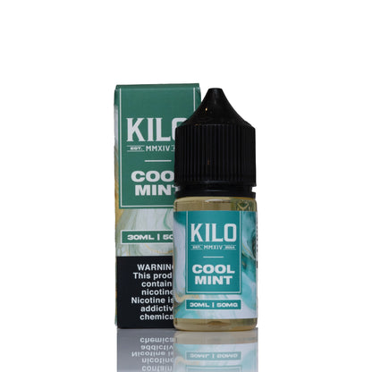 A 30ml bottle of Kilo Cool Mint e-liquid with its matching green and white packaging box, displayed on a reflective white surface.