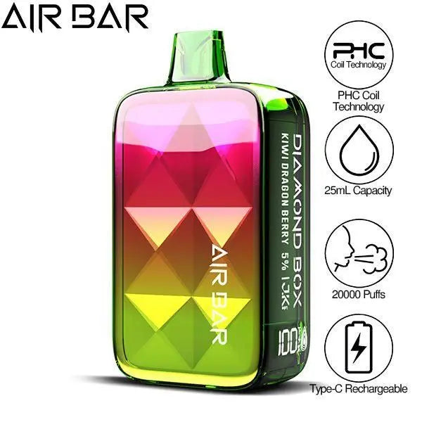 Best Deal Air Bar Diamond Box 20000 Puffs Rechargeable Vape 25mL Kiwi Dragon Berry 