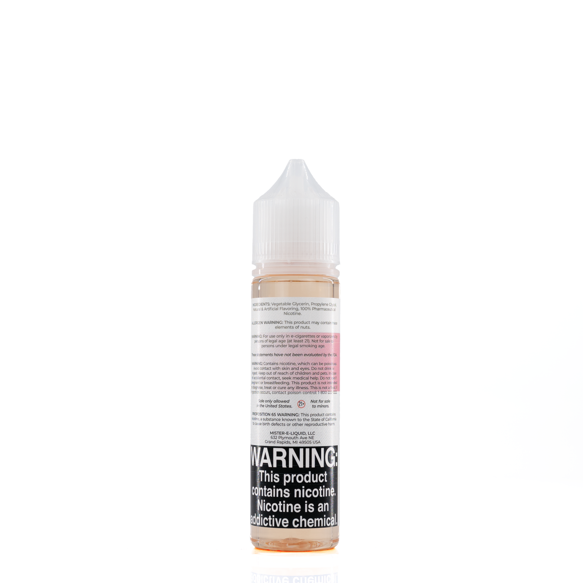 A mister e-liquid bottle is placed on a reflective surface and against a white background. The bottle outlines the ingredients and the warning label. 