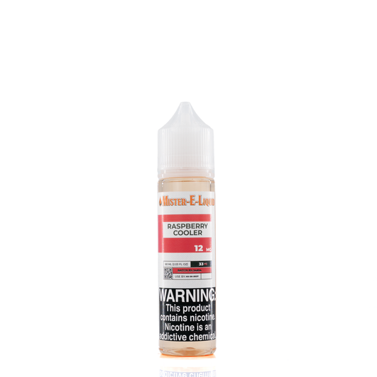 A 12mg mister e-liquid bottle of 'raspberry cooler' is placed on a reflective surface and against a white background. The label is pink, grey, and white.