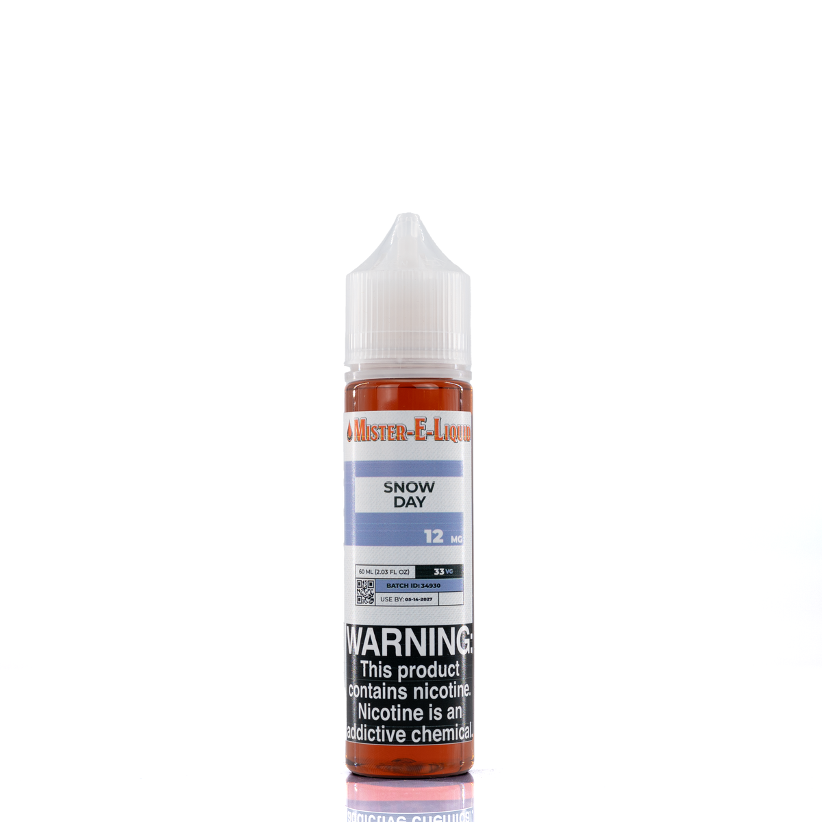 Mister e-liquid bottle is reflected on a surface, against a white background. The bottle has a blue and white label and reads 12 MG on the front of the label.