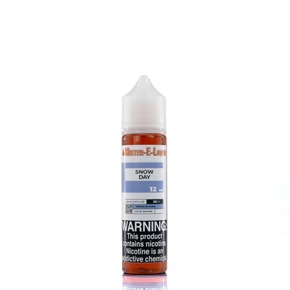 Mister e-liquid bottle is reflected on a surface, against a white background. The bottle has a blue and white label and reads 12 MG on the front of the label.