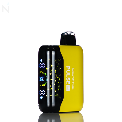 A yellow nevux pulse x disposable vape is placed on a reflective surface, against a white background. The banana taffy freeze flavor is written down the side.