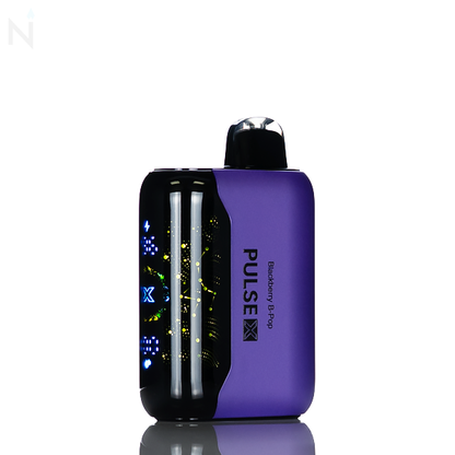 A purple nevux pulse x disposable vape with an illuminated screen is against a white background, the vape flavor 'blackberry B-pop' is written down the side.