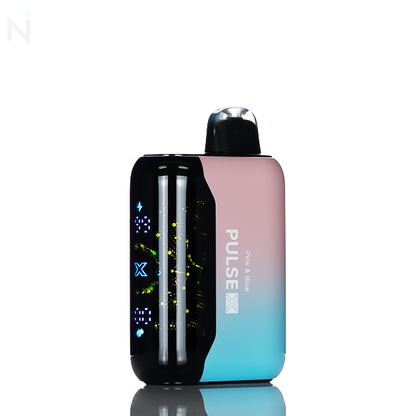 A gradient nevux pulse x disposable vape with an illuminated screen is against a white background, the vape flavor 'pink and blue' is on the side.