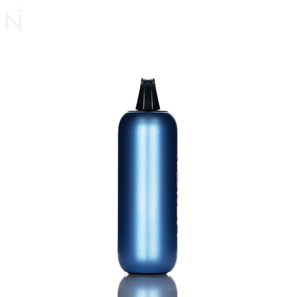 The side of a nevux pulse x 40k disposable vape is turned to the side to show the blue metal handle against a white background and reflected on a white surface.
