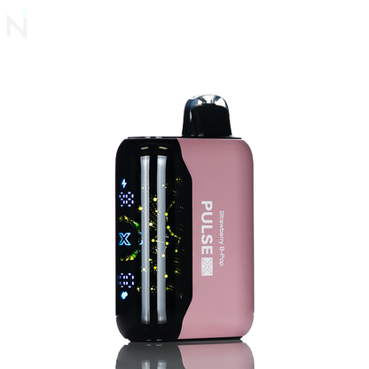 A light pink nevux pulse x disposable vape screen is illuminated against a white background, the vape flavor 'strawberry b-pop' is written on the side.