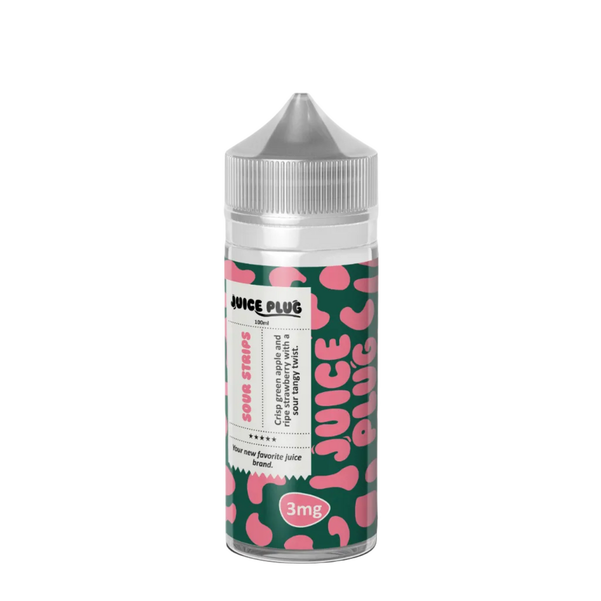 A 3mg bottle of Juice Plus e-liquid in the sour strips flavor featuring a green label with pink leopard spots and pink lettering with a clear plastic top