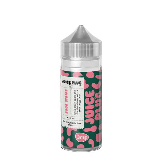 A 3mg bottle of Juice Plus e-liquid in the sour strips flavor featuring a green label with pink leopard spots and pink lettering with a clear plastic top