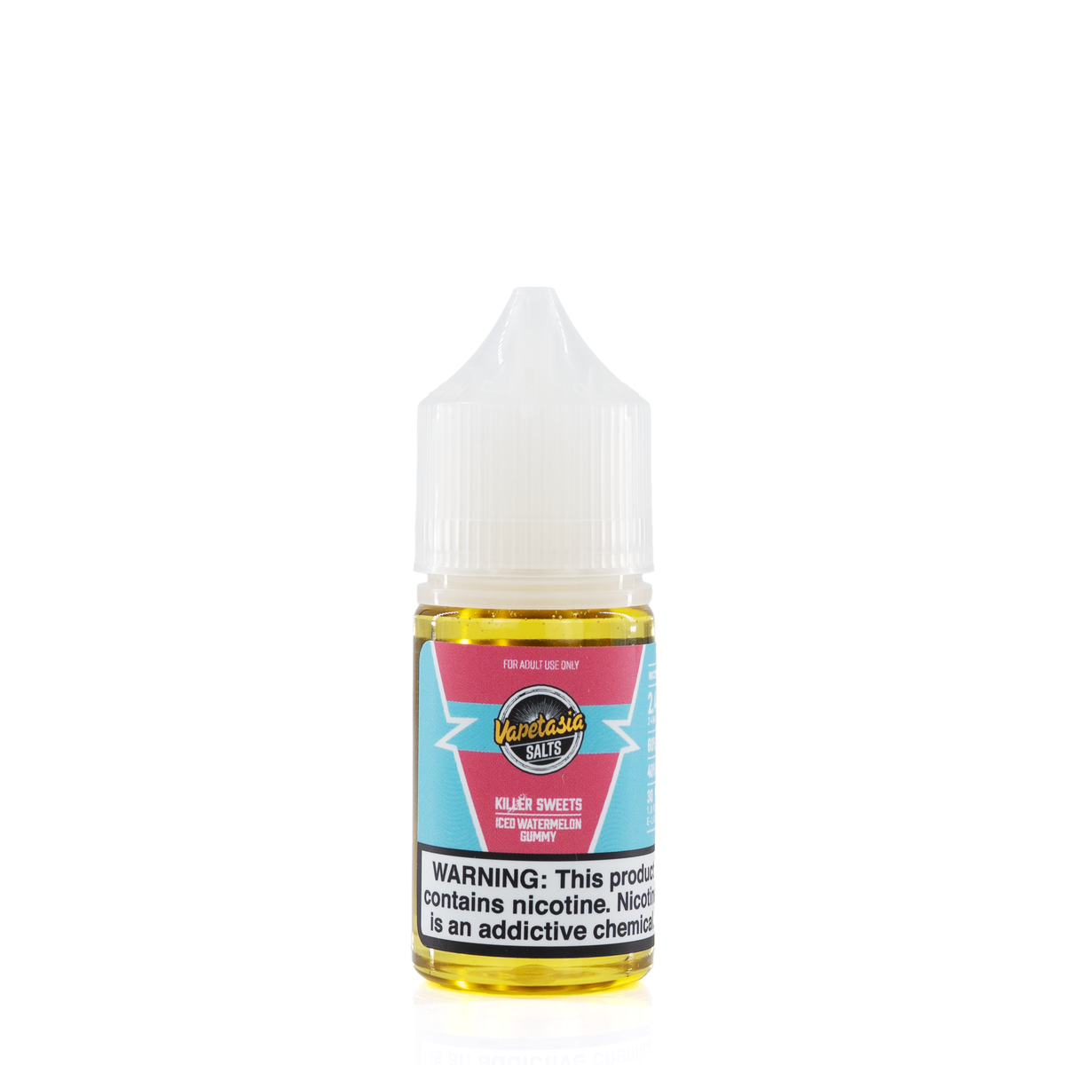 A white and pink bottle of vapetasia iced white gummy flavored e-liquid is against a white background with a nicotine waning label across the bottom