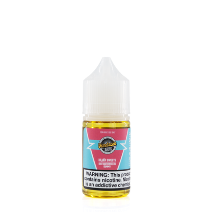 A white and pink bottle of vapetasia iced white gummy flavored e-liquid is against a white background with a nicotine waning label across the bottom