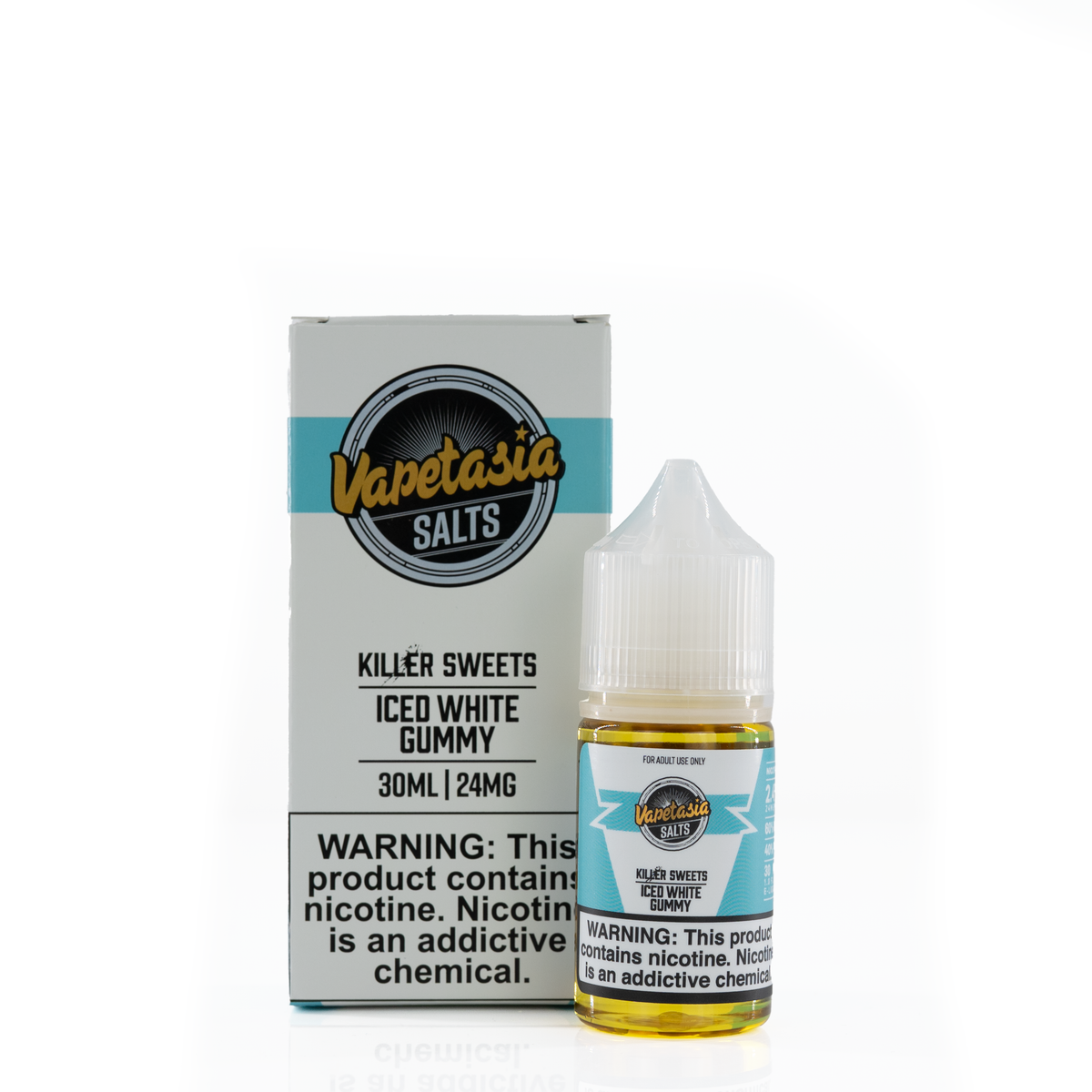 A white box of vapetasia and a similar blue and white bottle of iced white gummy flavored are placed against a white background showing a nicotine warning