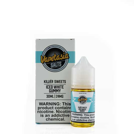 A white box of vapetasia and a similar blue and white bottle of iced white gummy flavored are placed against a white background showing a nicotine warning