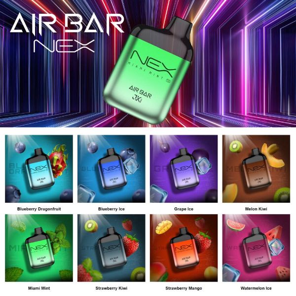 Air Bar NEX 6500 Puffs Disposable Vape 10 Pack 15mL Best Flavors Miami Mint Blueberry Dragonfruit Blueberry Ice Grape Ice Melon Kiwi Miami Mint Strawberry Kiwi Strawberry Mango Watermelon Ice