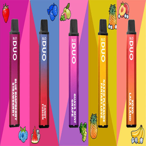 Blo Duo Dual Disposable Vape 7mL Best Flavors Blue Raspberry Strawberry Candy Fusion Guava Mint Grape Naked Pleasure Fantasy Love Xoxo Lala Land