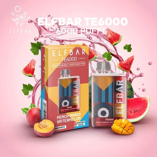 ElfBar TE6000 Puff Recharge Vape Best Flavor Peach Mango Watermelon