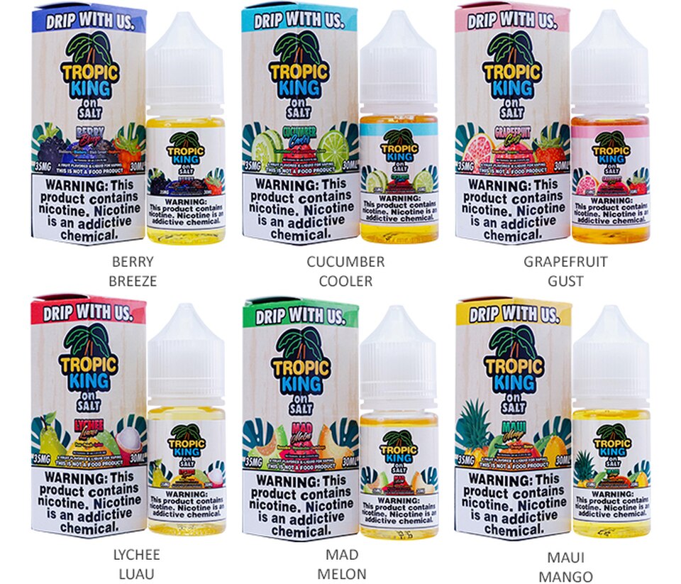 Tropic King on Salt Vape Juice 30mL Best Flavor Berry Breeze Cucumber Cooler Grapefruit Gust Lychee Luau Mad Melon Maui Mango