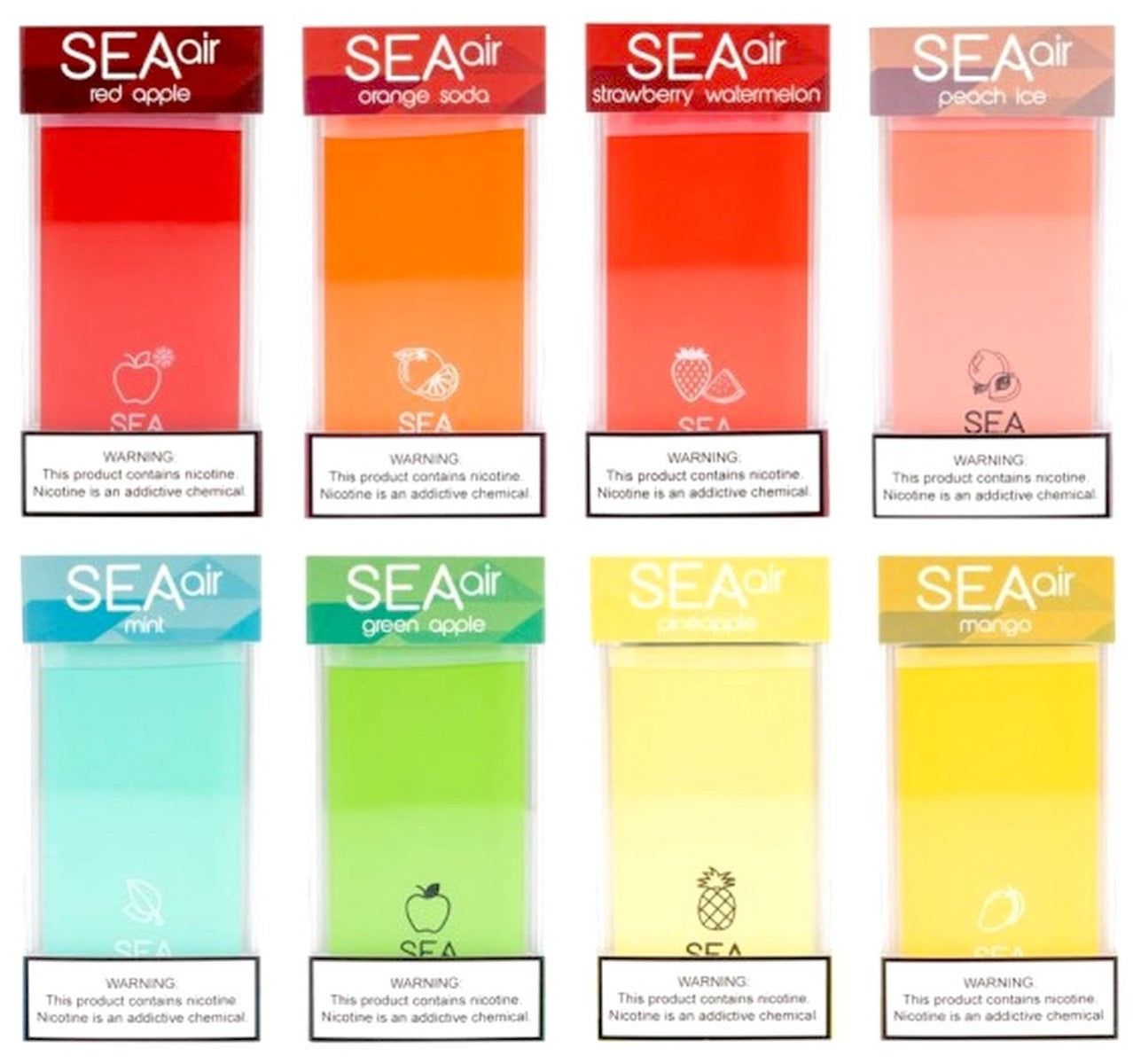 Sea Air Disposable Vape 2.6mL 8 Pack Best Flavors Red Apple Orange Soda Strawberry Watermelon Peach Ice Mint Green Apple Pineapple Mango